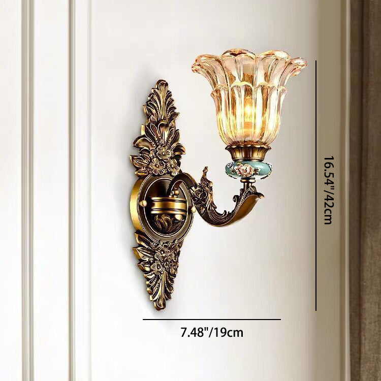 Traditional European Resin Zinc Alloy Glass Flower Wall Sconce for Living Room