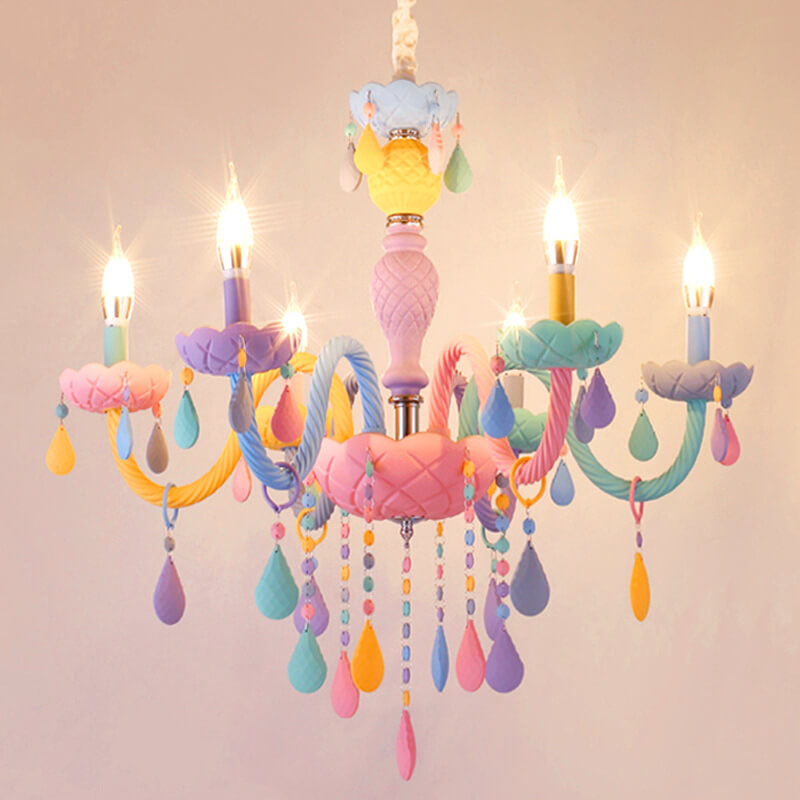 Modern Children's Princess Macaroon Candelabra Crystal Glass Chandelier 5/6/8/10/12/15 Light Fixture Elegant Decorative Lighting for Kids Room, Nursery, Playroom, Birthday Parties, Home Decor, Glamorous Princess Theme, Adjustable Hanging, Twinkling Illumi