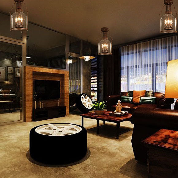 Industrial Vintage Iron Glass Lantern 3-Light Semi-Flush Mount Ceiling Light