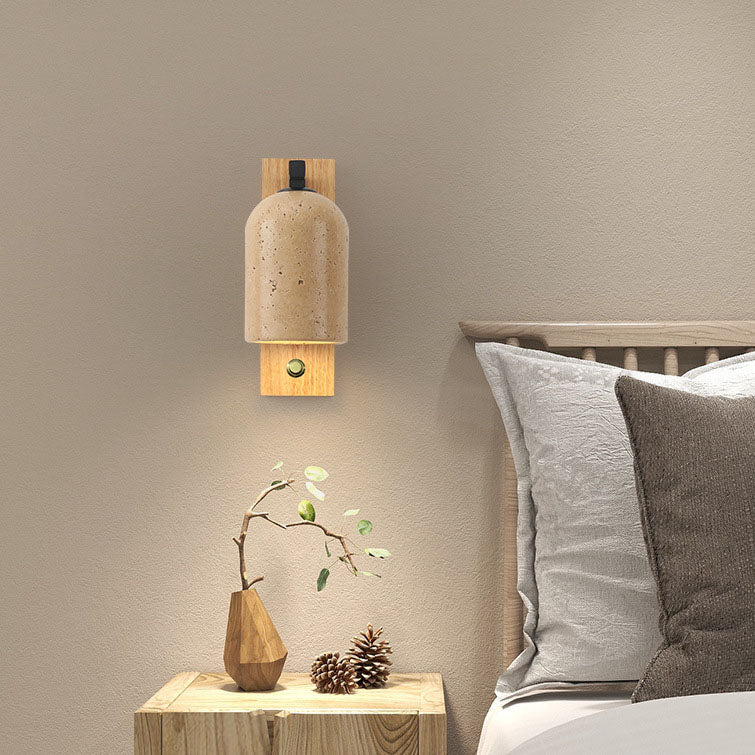 Traditional Japanese Yellow Travertine Wall Sconce Lamp - Solid Wood Base, 1-Light Design for Bedroom
