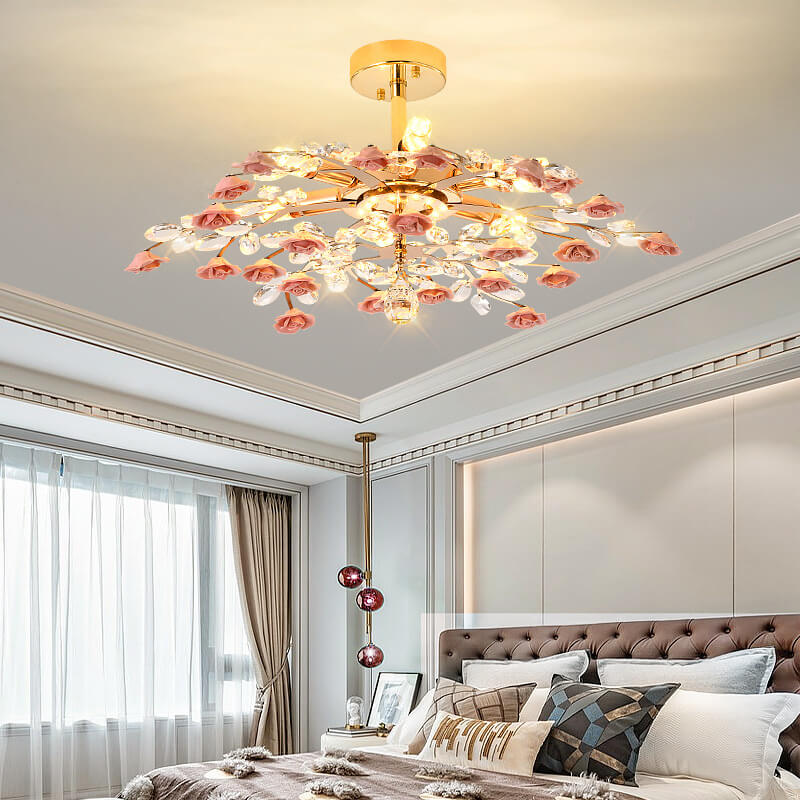 Modern Luxury Rose Iron Ceramic Crystal Chandelier 6/7/8 Light