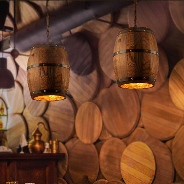 Rustic Iron Wood Wine Barrel Pendant Light for Dining Room