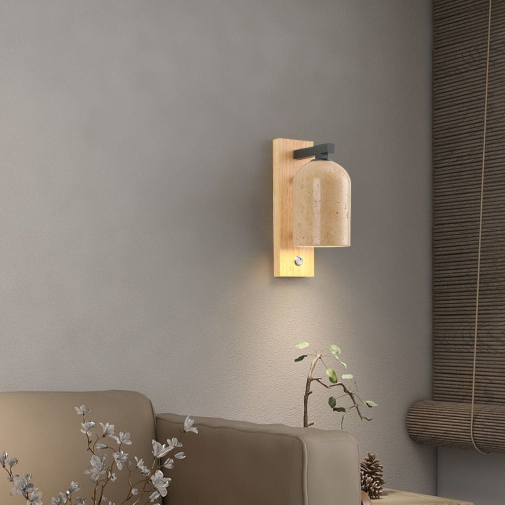 Traditional Japanese Yellow Travertine Wall Sconce Lamp - Solid Wood Base, 1-Light Design for Bedroom