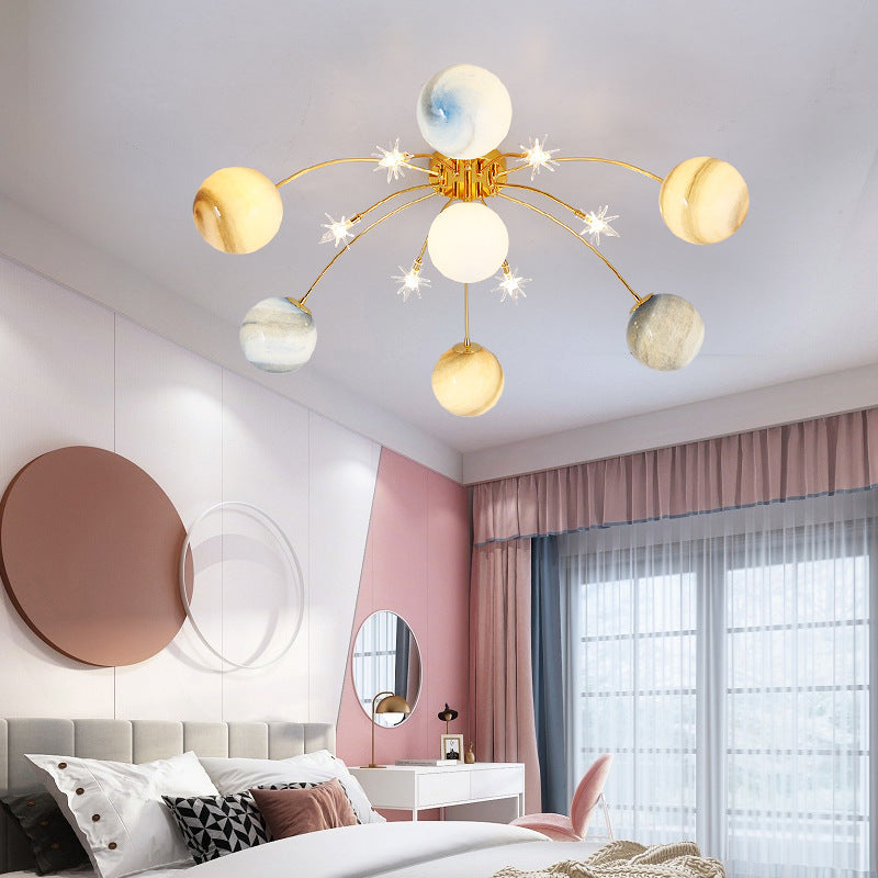 Contemporary Starry Sky 13-Light Semi-Flush Mount Ceiling Light for Bedroom, Iron and Glass Fixture, Modern Moon Design, Elegant Home Lighting