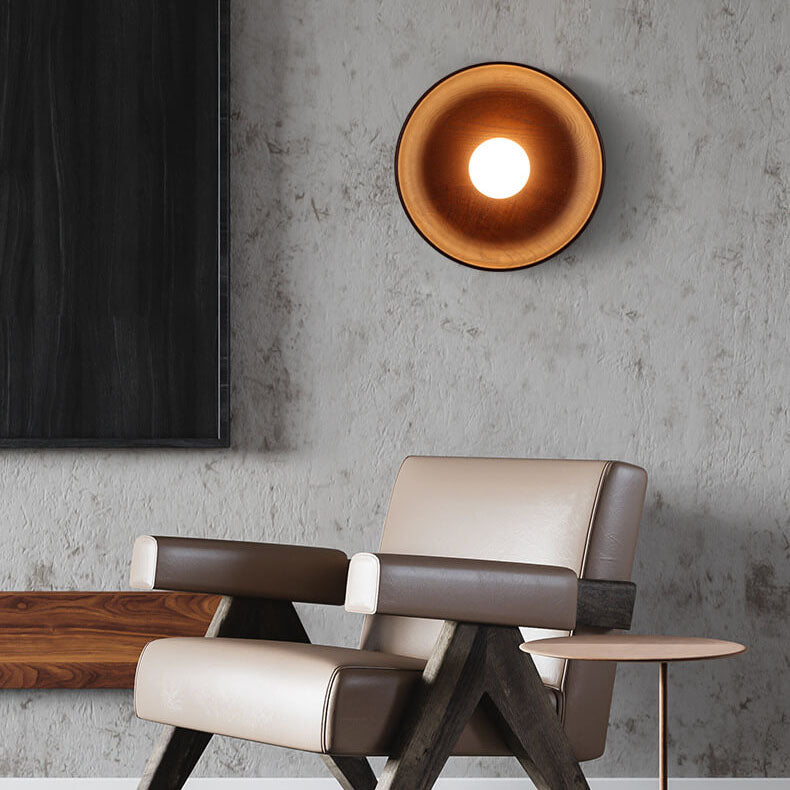 Modern Minimalist Round Wood Wall Sconce Lamp - 1-Light Design, Rustic Home Lighting, Elegant Fixture for Living Room, Bedroom, and Hallway