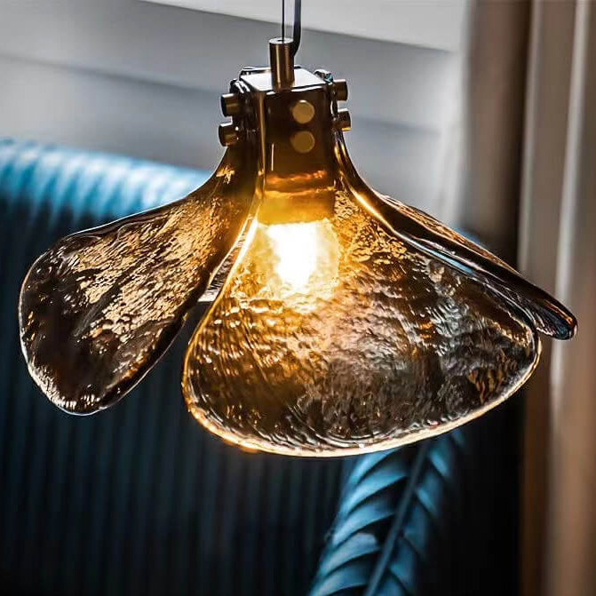 Vintage Amber Glass Floral Brass Pendant Light - 1-Light Fixture