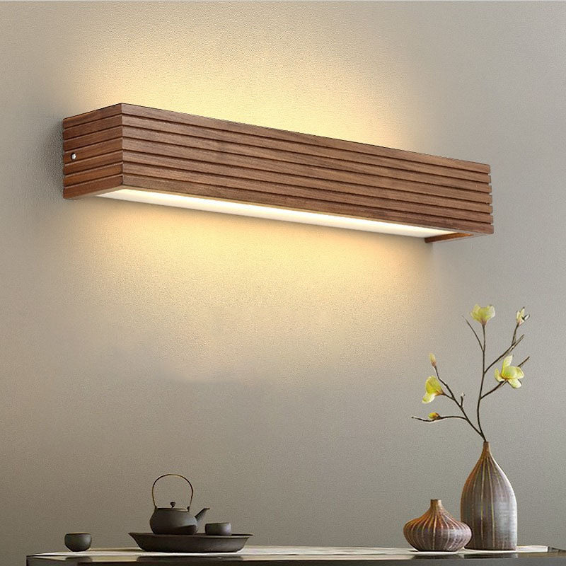 Traditional Chinese Striped Wood LED Vanity Mirror Sconce Lamp for Bathroom