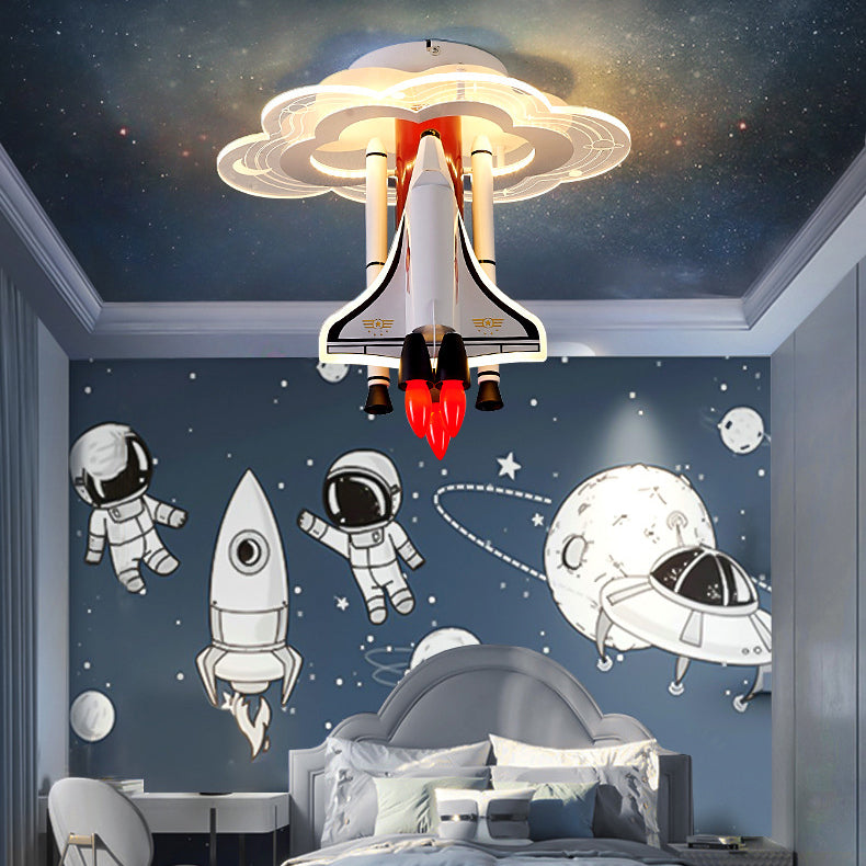 Contemporary Creative Iron Cartoon Aerospace Rocket Acrylic LED Kids Flush Mount Ceiling Light for Living Room, Playroom, Nursery, Modern Children's Lighting Fixture, Space-Themed Home Decor, Adjustable Brightness, Energy Efficient Kids Room Accessories