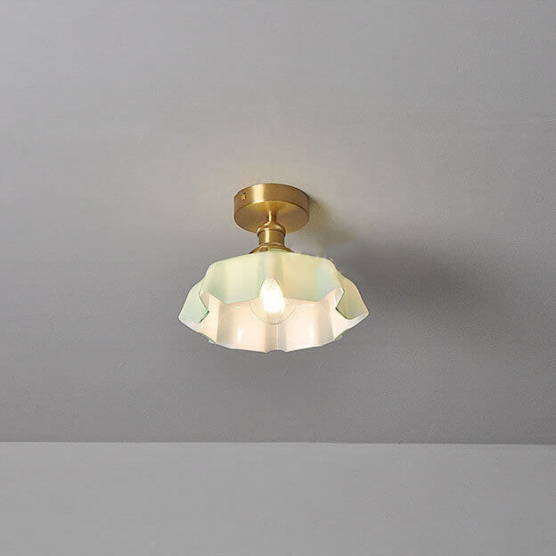 Japanese Vintage Cream Glass Floral Brass Semi-Flush Mount Ceiling Light