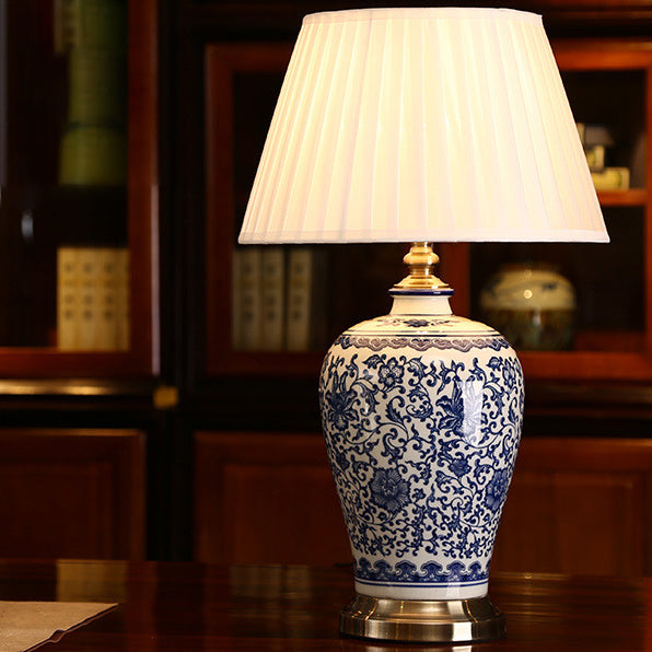 Traditional Chinese Ceramic Fabric Electroplated Antique Brass Finish Cone 1-Light Table Lamp Home Office Decorative Lighting Modern Feng Shui Accent Piece Elegant Nightstand Lamp Classic Design for Living Room Bedroom Study