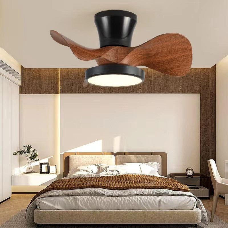 Contemporary Industrial Round Wood Grain LED Semi-Flush Mount Ceiling Fan Light for Living Room