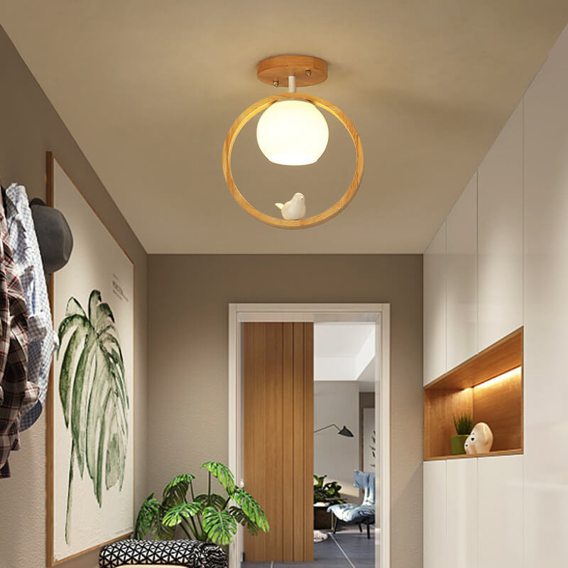 Modern Japanese Minimalist Round Bird Semi-Flush Mount Ceiling Light