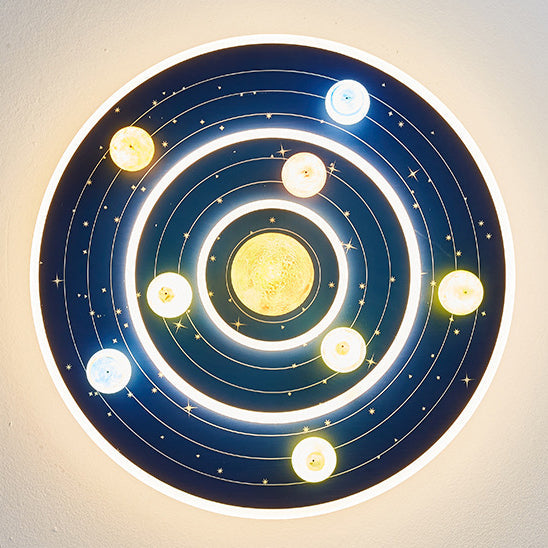 Contemporary Creative Kids Round Planet Iron Acrylic LED Flush Mount Ceiling Light Bedroom Playroom Decoration Childrens Lighting Modern Design Space Theme Ceiling Fixture
