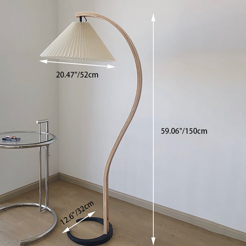 Traditional Japanese Pleated Cone Floor Lamp with Arc Wood Pole - 1-Light Design for Home Office Decor
