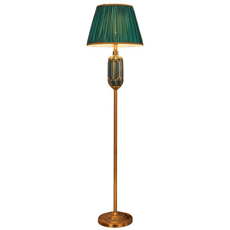 Vintage European Pleated Fabric Shade Floor Lamp with Ceramic Base 1-Light