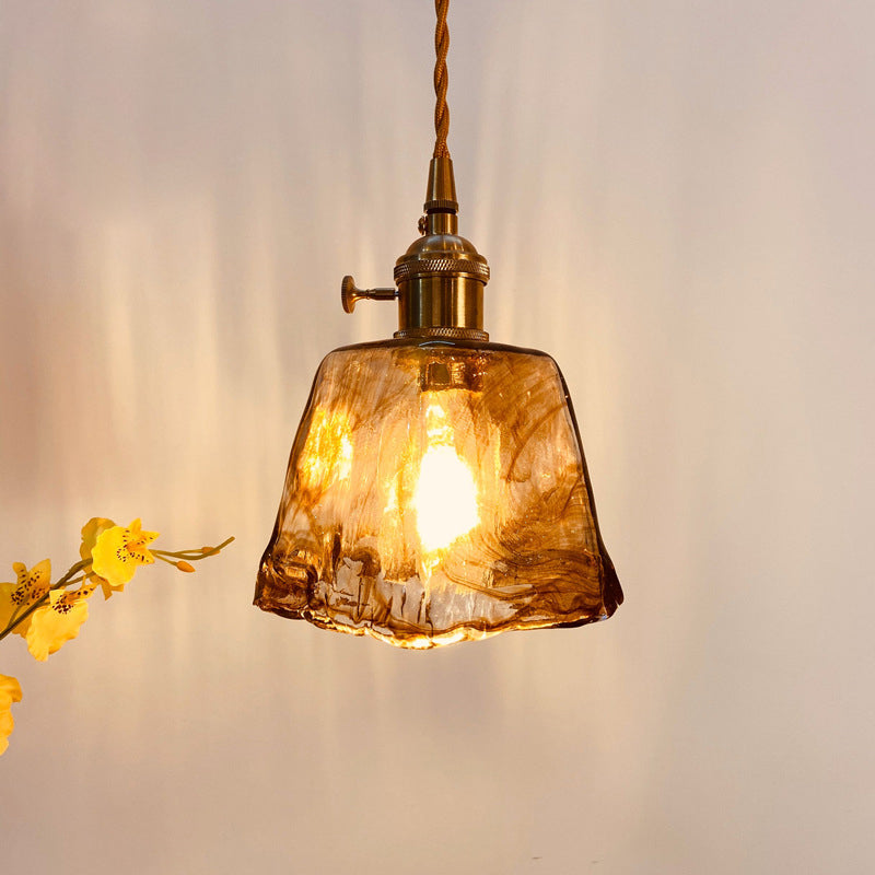 Vintage Amber Glass Brass Pendant Light 1-Light Ceiling Fixture