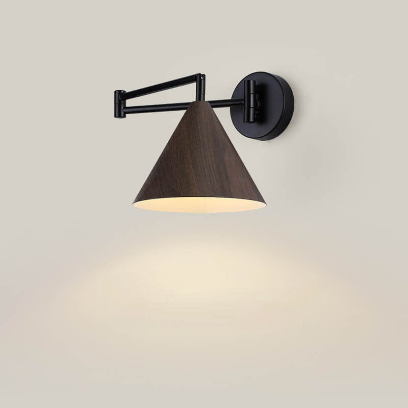 Contemporary Nordic Cone Swing Arm Wall Sconce Lamp - Wood Grain Iron 1-Light for Bedroom