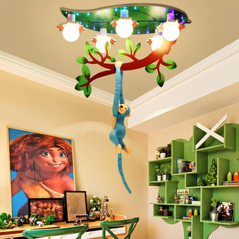 Contemporary Creative Kids Monkey Leaf Acrylic 5-Light Flush Mount Ceiling Light Bedroom Decoration Nursery Playroom Fixtures Modern Elegant Design Childrens Lighting Unique Colorful Fun Design for Kids Room Soft Illumination Ceiling Lamp
