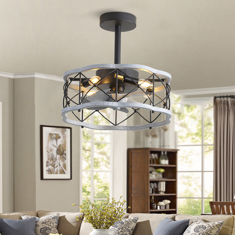 Industrial Minimalist Copper Iron Semi-Flush Mount Ceiling Fan Light - 4-Light Round Square Design