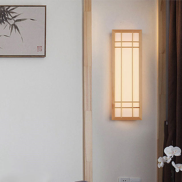 Traditional Japanese Solid Wood LED Wall Sconce for Bedroom