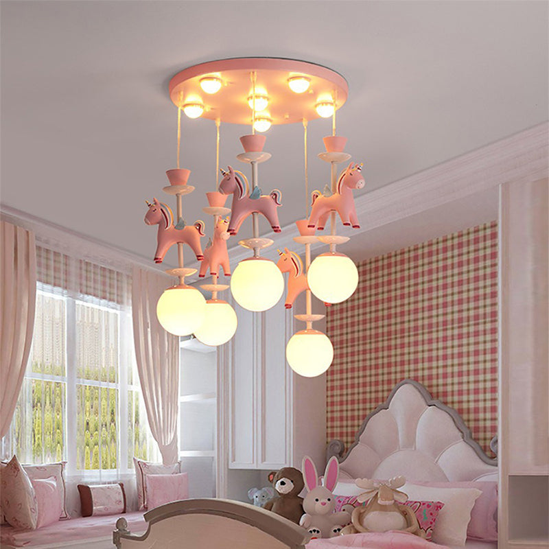 Modern Art Deco Kids Flush Mount Ceiling Light - Iron Resin Glass Round Base, 1/3/5 Light - Stylish Bedroom Lighting Fixture, Horse Theme, Vintage Inspired, Unique Decorative Light for Children's Rooms, Stylish Interior Illumination, Decorative Flush Moun