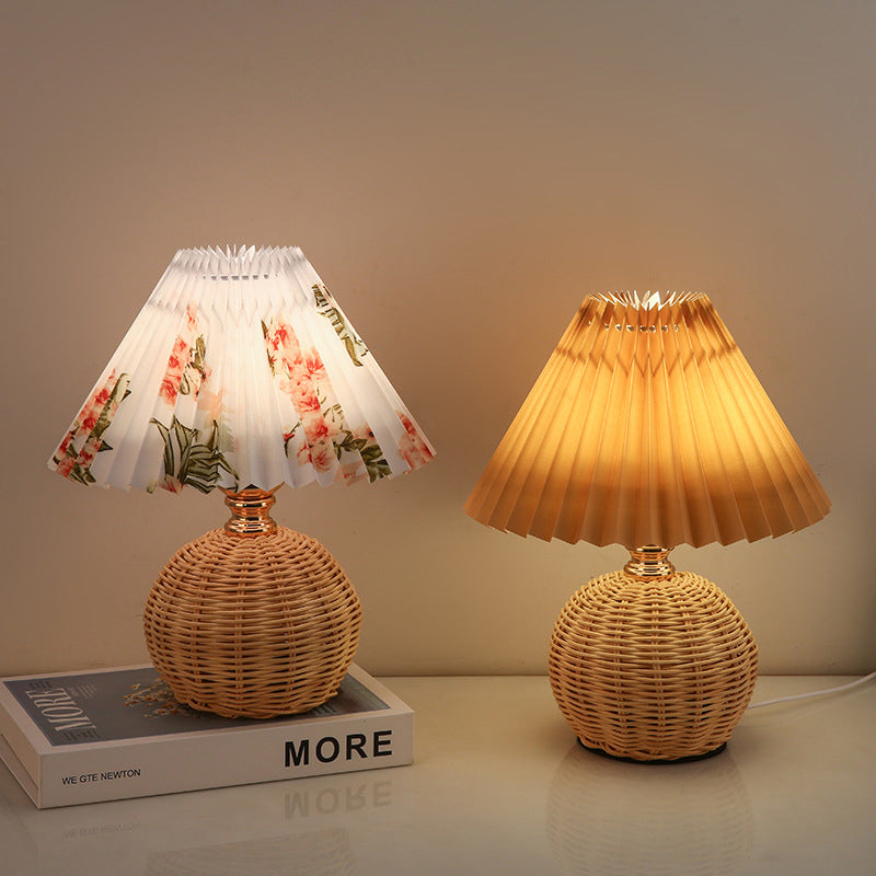 Contemporary Nordic Rattan Fabric Pleated Conic Ball LED Table Lamp Bedroom Decor Modern Lighting Elegant Home Accessories Stylish Bedroom Illumination Eco-Friendly Lighting Design Rustic Chic Table Lamp Warm White Glow Bedroom Aesthetic Sustainable Mater