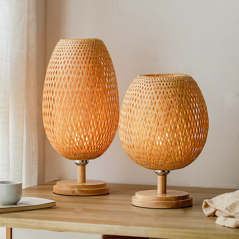 Traditional Chinese Moso Bamboo Wood Iron Weaving Oval Round 1-Light Table Lamp Bedroom Decor, Asian Style Bedside Lighting, Eco-Friendly Bamboo Lamp, Elegant Home Accent, Unique Lighting Design for Nightstand, Modern Chinese Decor, Artisanal Handmade Lam