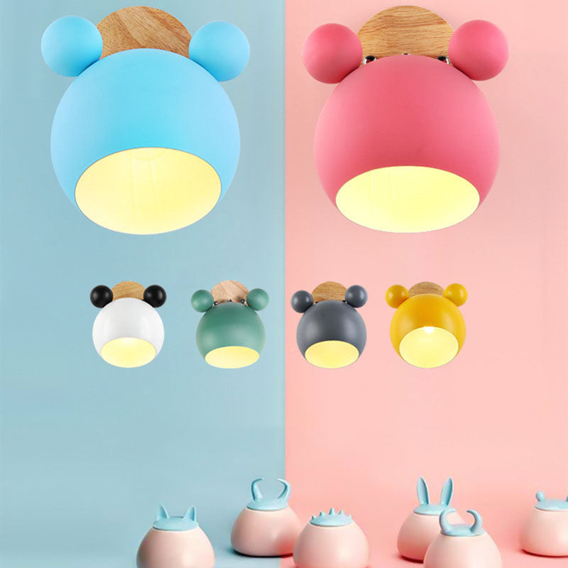 Nordic Cartoon Bear Dome 1-Light Kids Wall Sconce Lamp for Nursery, Children's Room Lighting, Playroom Decor, Cute Animal Wall Light, Adjustable LED, Ceiling Mount, Soft Nightlight, Baby Room Wall Fixture, Unique Kids' Bedroom Decor, Eco-Friendly Design