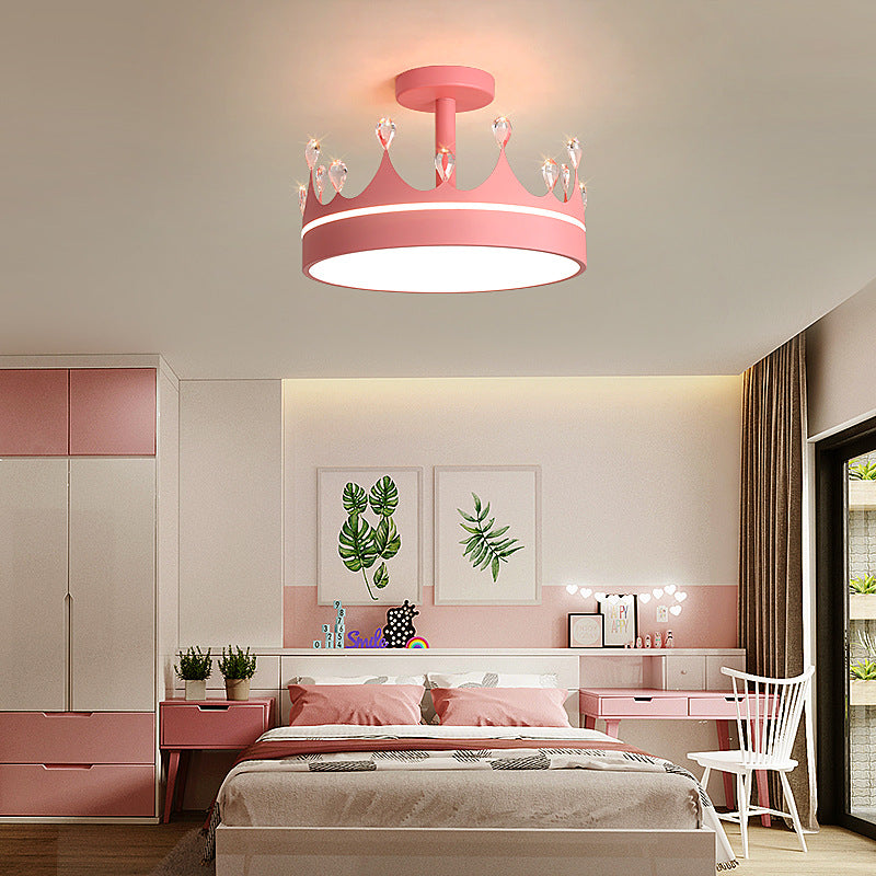 Contemporary Creative Cartoon Crown LED Kids Semi-Flush Mount Ceiling Light for Bedroom, Cute Nursery Lighting Fixture, Stylish Children's Room Decor, Energy-Efficient LED Ceiling Lamp, Modern Crown Design, Fun and Playful Kids Lighting, Bright and Cheerf
