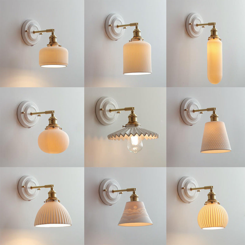 Vintage Round Ceramic Brass Wall Sconce Lamp - 1-Light Living Room Lighting