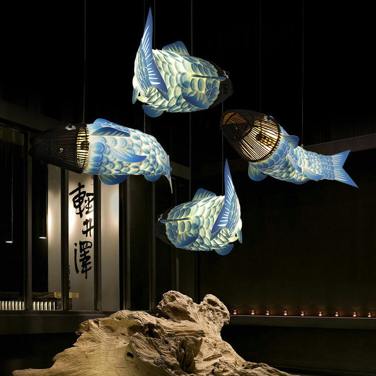 Traditional Chinese Koi Fish Chandelier - Iron PVC Fabric 2/4 Light Dining Room Decor