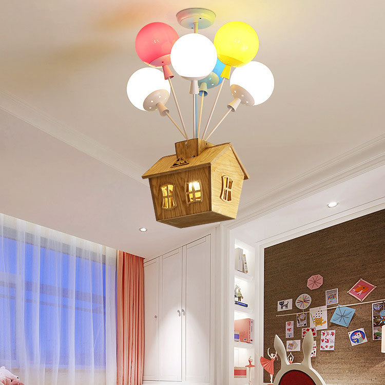 Contemporary Colorful Acrylic Balloon Log Cabin Semi-Flush Mount Ceiling Light for Kids Bedroom, 7/9-Light Bright Chandelier, Fun Decorative Lighting, Modern Kids Room Fixture, Playful Nursery Ceiling Lamp