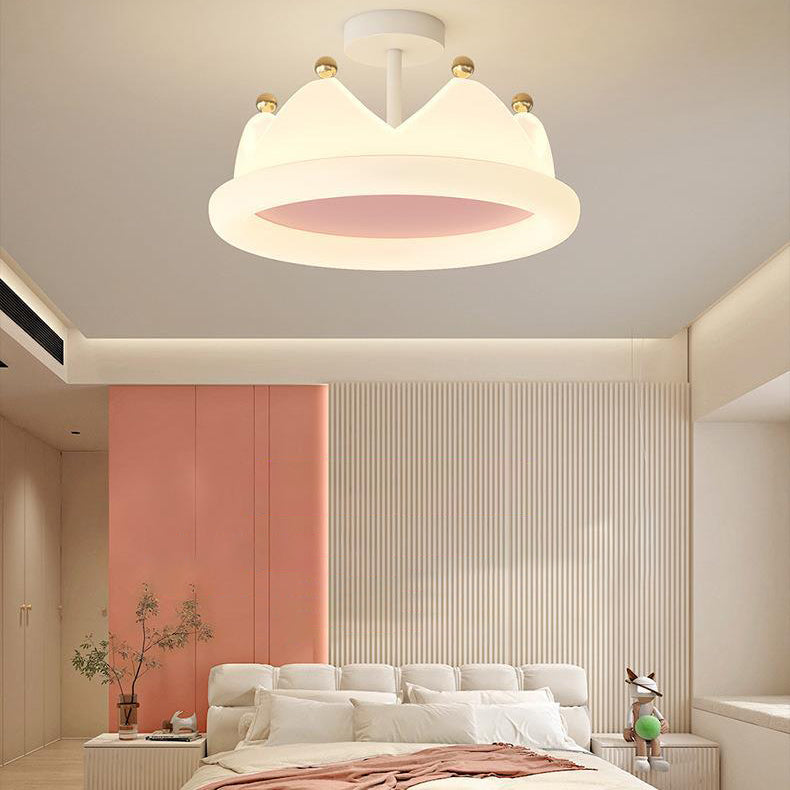 Contemporary Kids Crown Iron PE LED Semi-Flush Mount Ceiling Light Bedroom Lighting Fixture Modern Nursery Decor Creative Design Childrens Room Illumination Stylish Playroom Ceiling Lamp