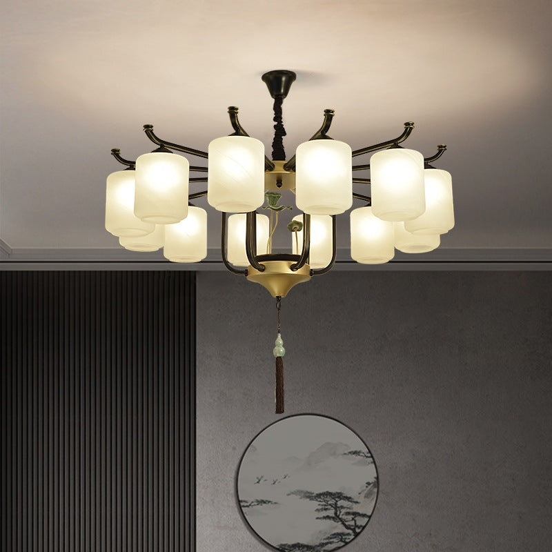 Traditional Chinese Iron Frame Cylinder Glass Shade Chandelier - 6/8/10/12 Lights for Living Room