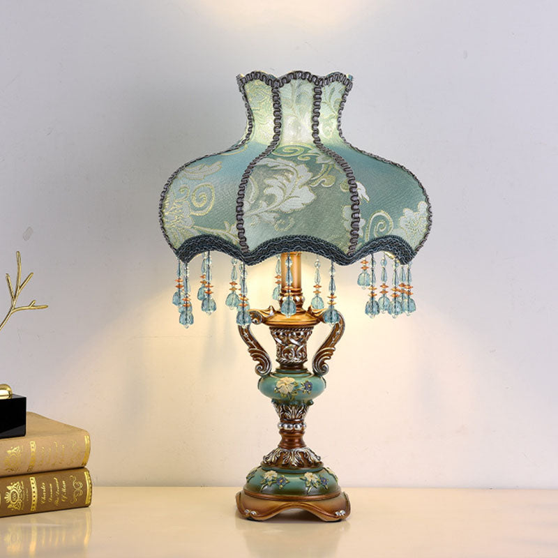 Traditional European Blue Fabric Tassel Resin 1-Light Table Lamp for Bedroom, Elegant Home Deco, Cozy Nightstand Lighting, Vintage Style Accent Lamp, Decorative Bedside Lamp, Living Room Light Fixture, Classic Interior Design, Blue Lamp with Tassels, Soft