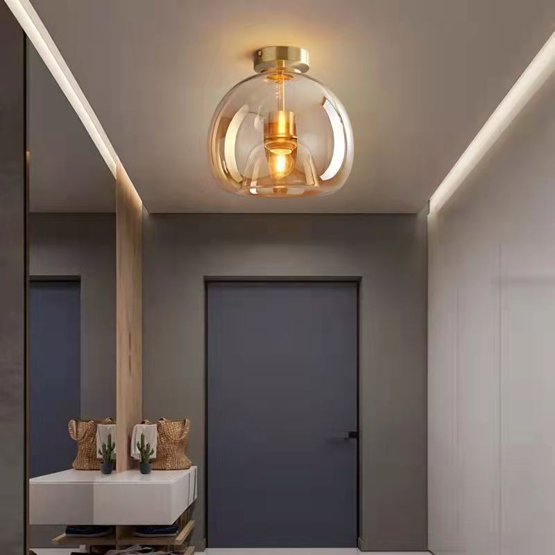 Contemporary Nordic Round Glass Iron Ball Semi-Flush Ceiling Light