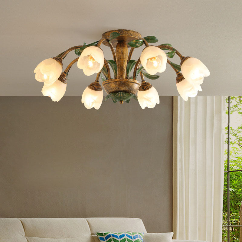 Traditional Rustic Floral Iron Glass Semi-Flush Mount Ceiling Light for Living Room - 6/8/10 Light Options