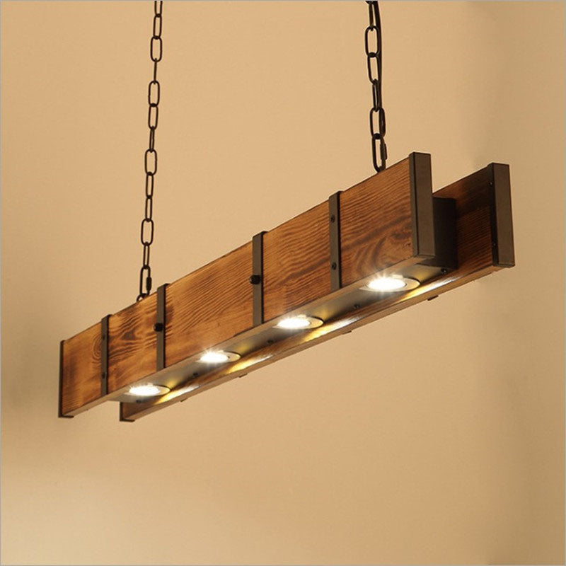Vintage Solid Wood Long Bar LED Island Light Chandelier for Dining Room