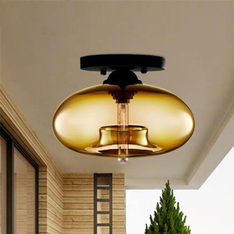 Contemporary Oval Iron Glass 1-Light Semi-Flush Mount Ceiling Light