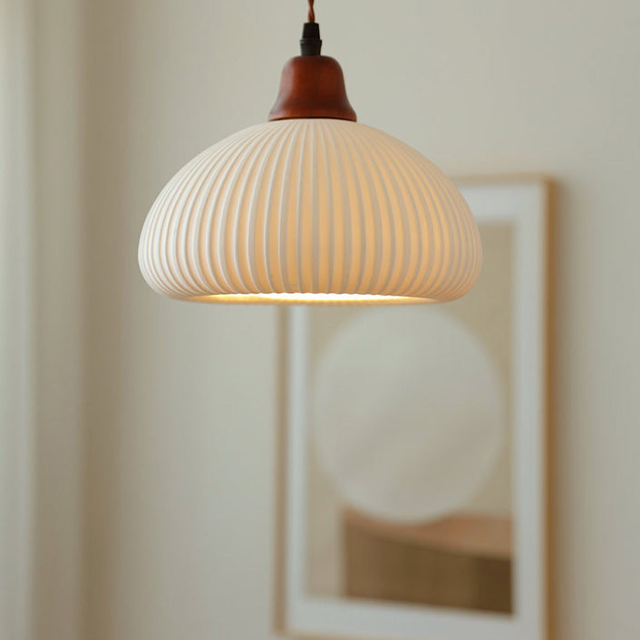 Traditional Japanese Pleated Round Dome Pendant Light - Ceramic & Wood Design for Living Room & Bedroom