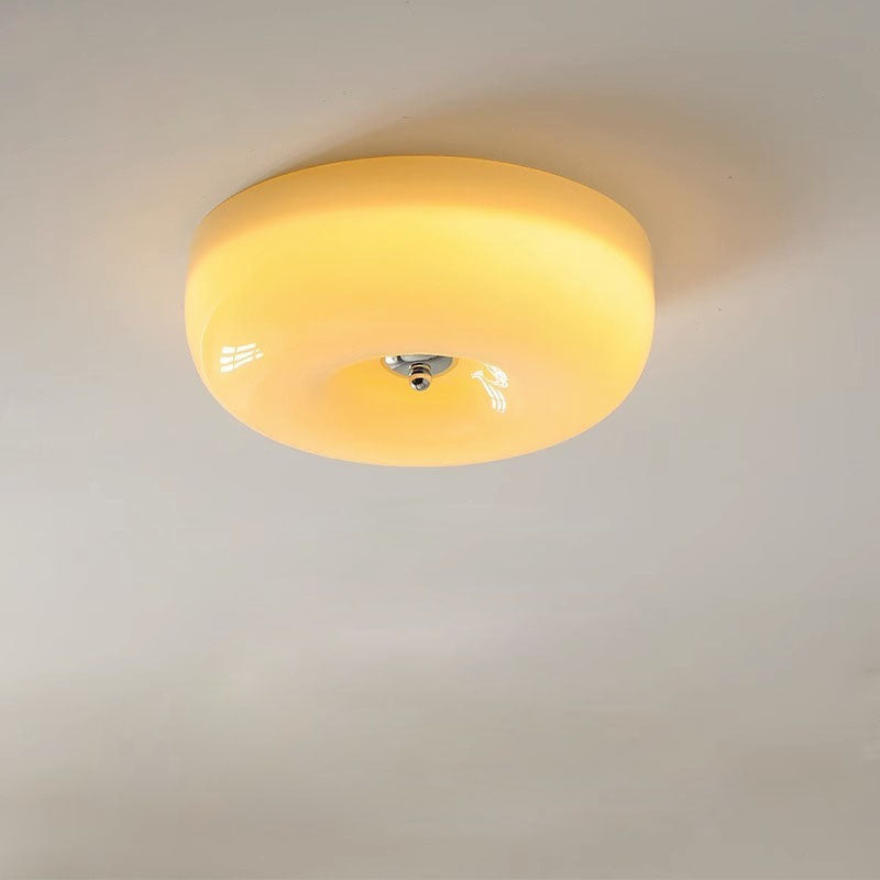 Contemporary Nordic Creamy Yellow Pudding Glass Shade Iron LED Flush Mount Ceiling Light