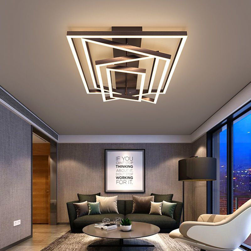 Modern Minimalist LED Flush Mount Ceiling Light - Aluminum Finish Multi-layer Rectangular Frame for Living Room
