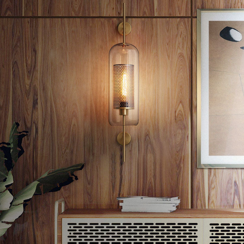 Contemporary Industrial Cylinder Glass Shade Wall Sconce - Iron Finish 1-Light Lamp for Bedroom
