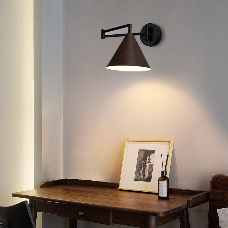 Contemporary Nordic Cone Swing Arm Wall Sconce - Wood Grain Iron 1-Light Lamp for Bedroom