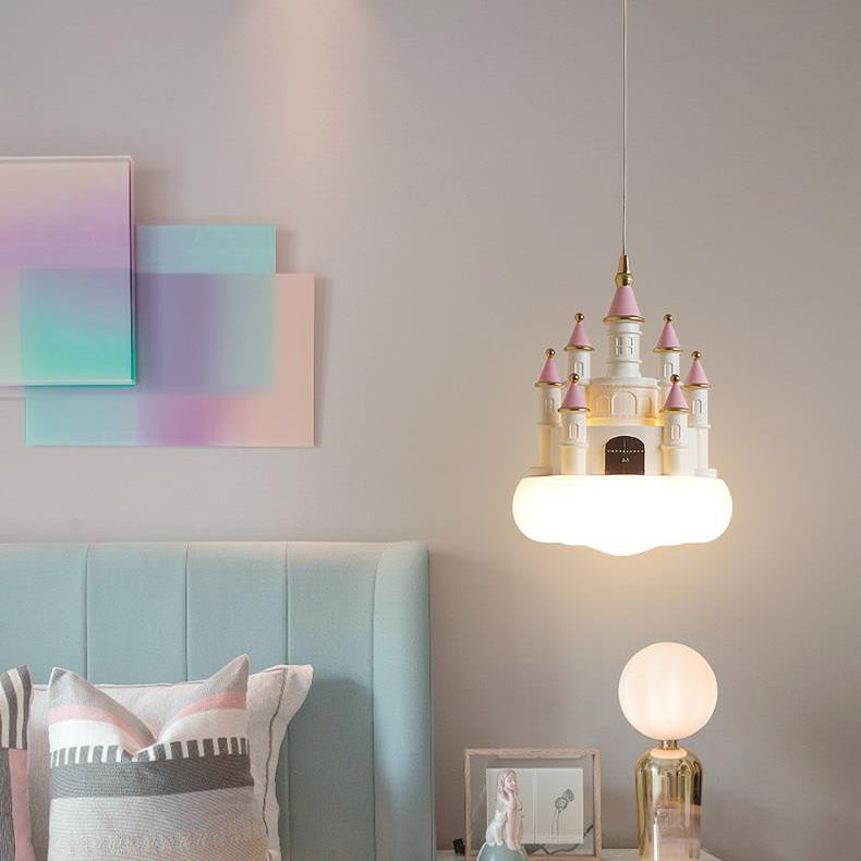 Contemporary Nordic Kids Resin PVC PE Castle 1-Light Pendant Light for Bedroom, Children's Room Lighting, Playroom Decorative Lamp, Nordic Style Ceiling Lamp, Creative Kids Castle Pendant Fixture, Colorful Bedroom Lighting for Boys and Girls, Stylish Home