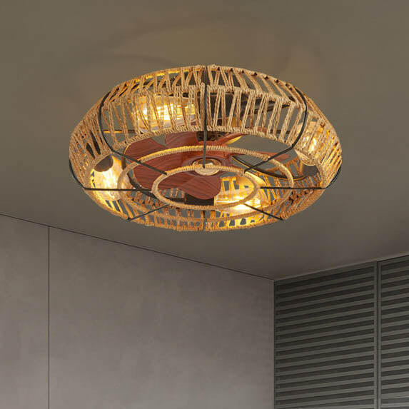 Rustic Round Drum Semi-Flush Mount Ceiling Fan Light - 4-Light Iron & Hemp Rope Fixture for Bedroom