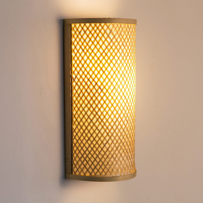 Traditional Japanese Bamboo Wall Sconce Lamp - Semicircular Cylinder, 2-Light for Bedside Lighting