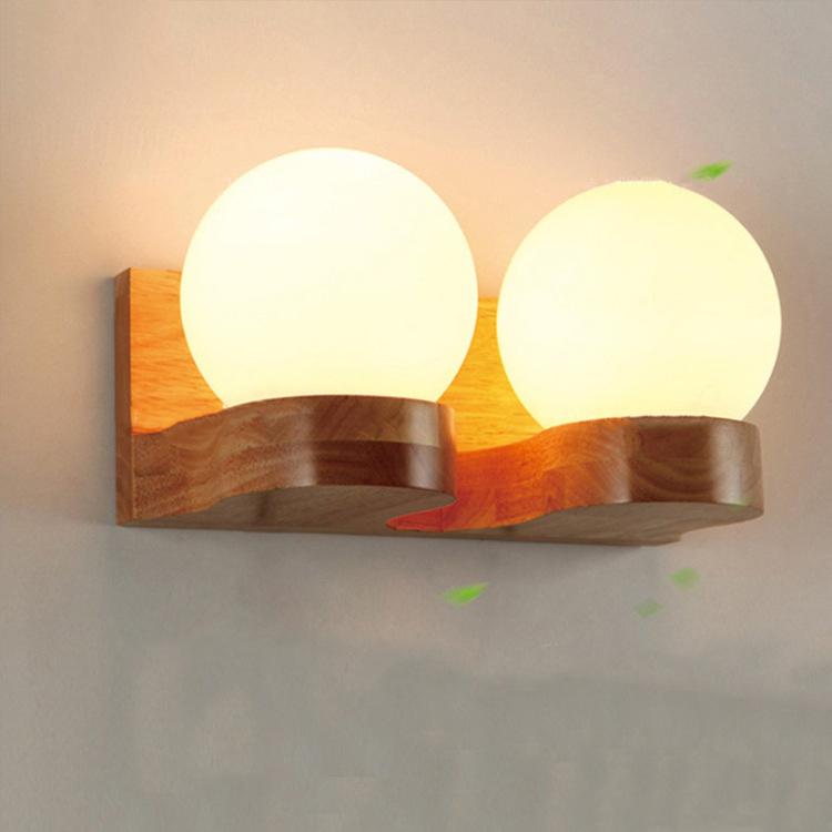 Contemporary Nordic Rubberwood Glass Ball Wall Sconce for Bedroom Lighting