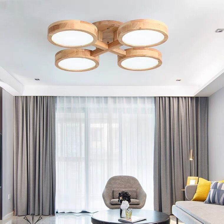 Contemporary Scandinavian Round Rubberwood LED Flush Mount Ceiling Light for Living Room