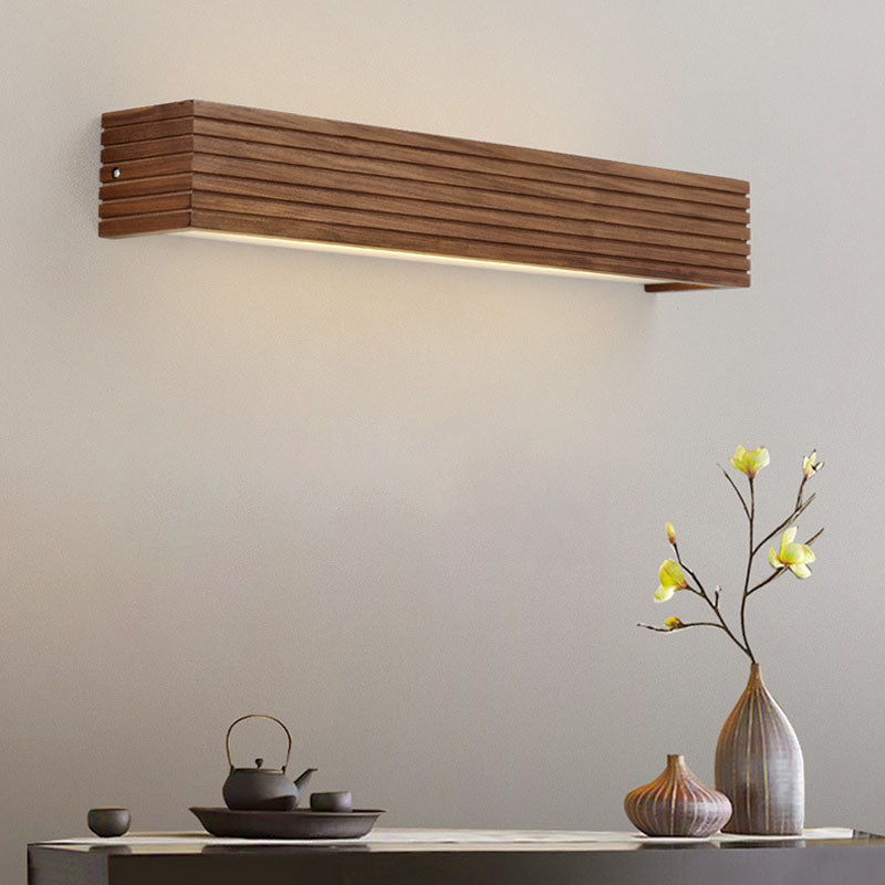 Traditional Chinese Striped Wood LED Vanity Mirror Sconce Lamp for Bathroom